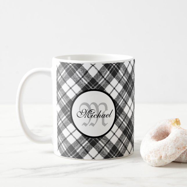 Tartan pattern Christmas black white Monogram Coffee Mug (With Donut)