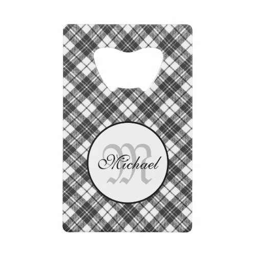 Tartan pattern Christmas black white Monogram Credit Card Bottle Opener