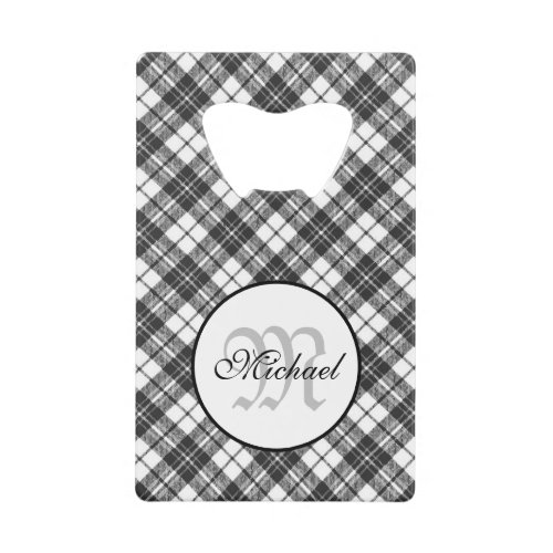 Tartan pattern Christmas black white Monogram Credit Card Bottle Opener