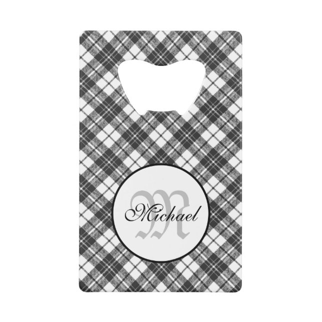 Tartan pattern Christmas black white Monogram Credit Card Bottle Opener (Front)
