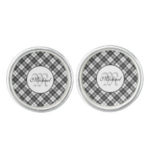 Tartan pattern Christmas black white Monogram Cufflinks