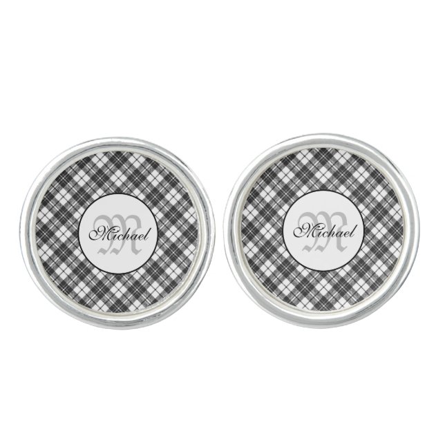 Tartan pattern Christmas black white Monogram Cufflinks (Front)