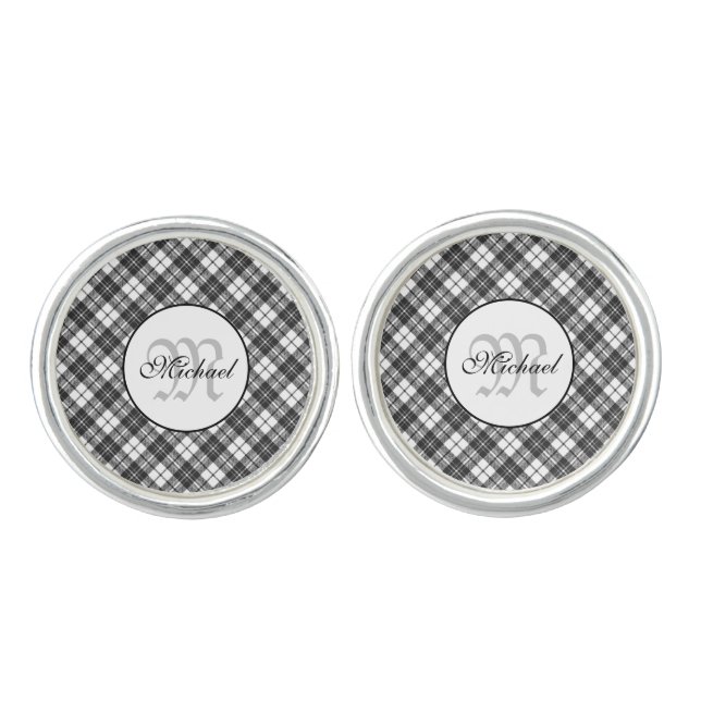 Tartan pattern Christmas black white Monogram Cufflinks (Front)