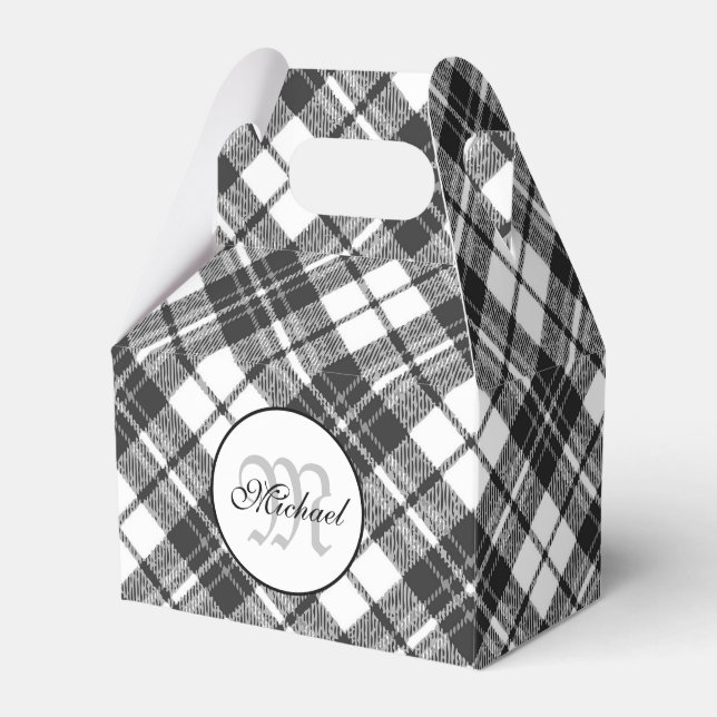 Tartan pattern Christmas black white Monogram Favor Boxes (Front Side)