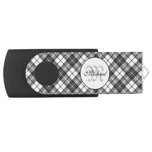 Tartan pattern Christmas black white Monogram Flash Drive