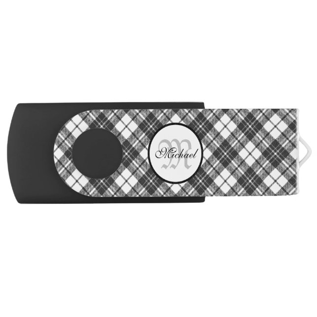 Tartan pattern Christmas black white Monogram Flash Drive (Front)