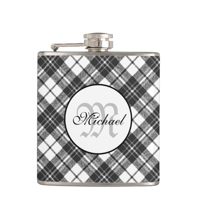 Tartan pattern Christmas black white Monogram Flask (Front)
