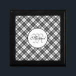 Tartan pattern Christmas black white Monogram Gift Box<br><div class="desc">Monogram Personalize with your custom initial and name. Tartan pattern holidays Christmas xmas black white elegant lines geometric cool fun classic elegance
christmas,  tartan,  pattern,  holidays,  xmas,  black and white,  elegant,  lines,  geometric,  cool,  fun,  classic,  elegance</div>