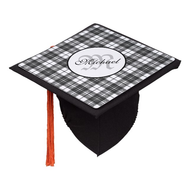 Tartan pattern Christmas black white Monogram Graduation Cap Topper (Angled)
