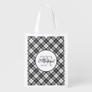 Tartan pattern Christmas black white Monogram Grocery Bag