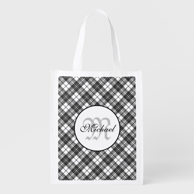 Tartan pattern Christmas black white Monogram Grocery Bag (Front)