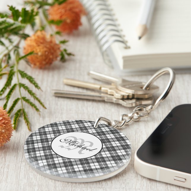 Tartan pattern Christmas black white Monogram Keychain (Front Right)