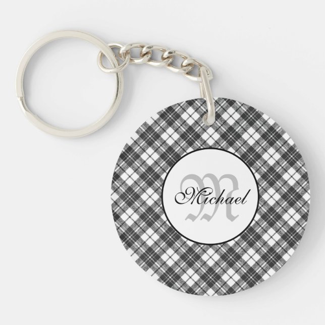 Tartan pattern Christmas black white Monogram Keychain (Front)