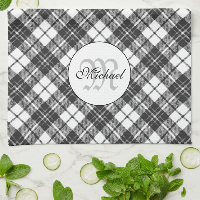 Tartan pattern Christmas black white Monogram Kitchen Towel (Folded)