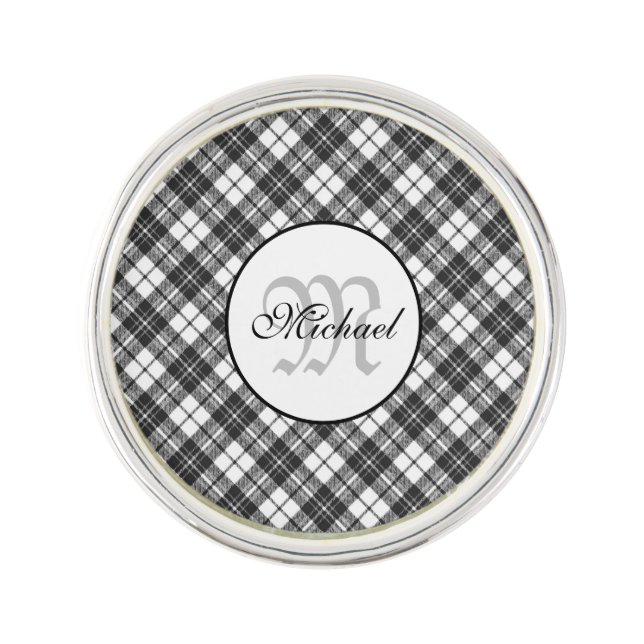 Tartan pattern Christmas black white Monogram Lapel Pin (Front)