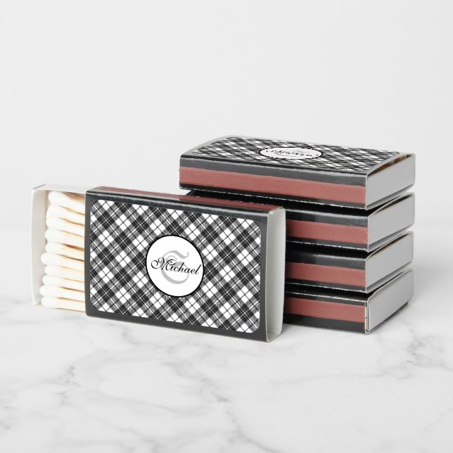 Tartan pattern Christmas black white Monogram Matchboxes (Stacked)