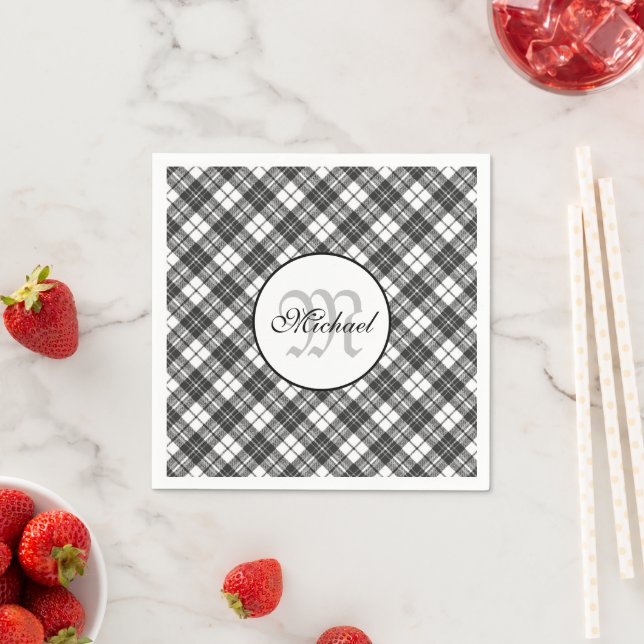 Tartan pattern Christmas black white Monogram Napkins (Insitu)