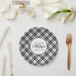 Tartan pattern Christmas black white Monogram Paper Plates