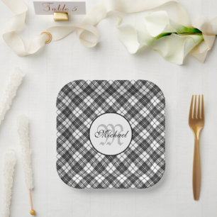 Tartan pattern Christmas black white Monogram Paper Plates