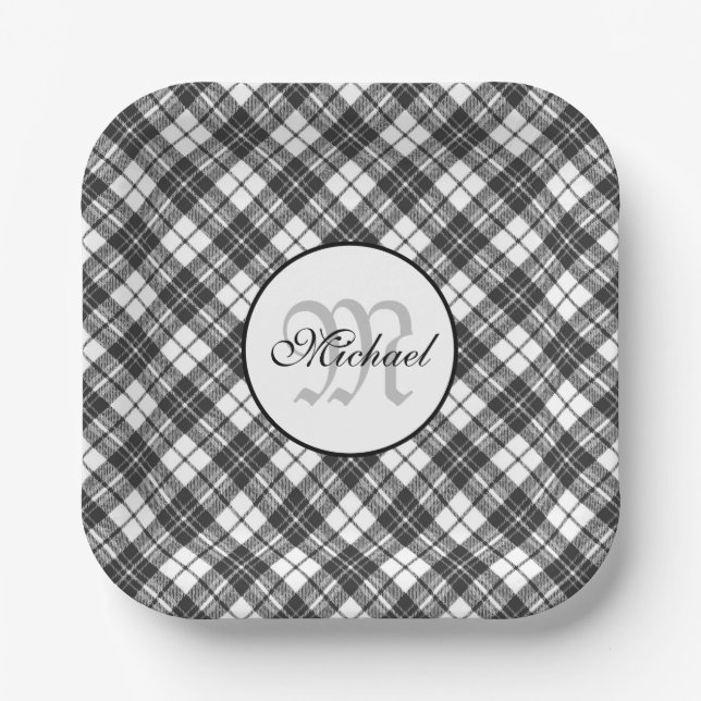 Tartan pattern Christmas black white Monogram Paper Plates (Front)