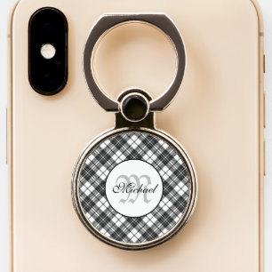 Tartan pattern Christmas black white Monogram Phone Ring Stand