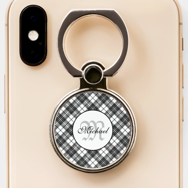Tartan pattern Christmas black white Monogram Phone Ring Stand (Close Up)