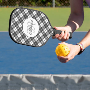 Tartan pattern Christmas black white Monogram Pickleball Paddle