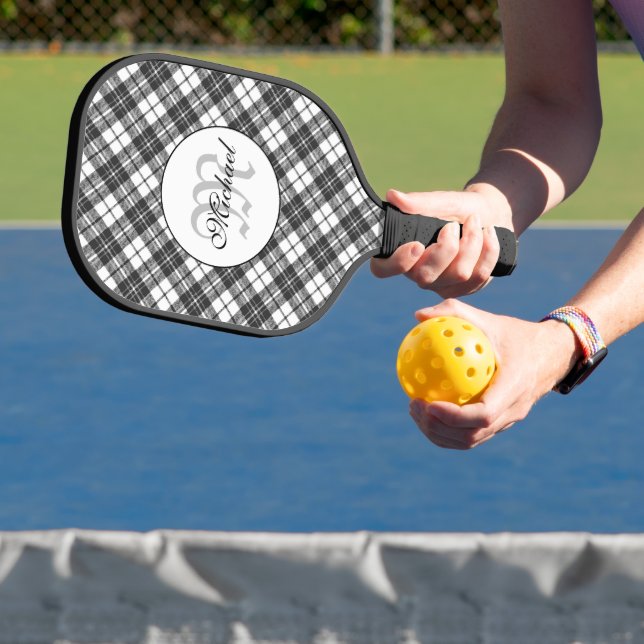 Tartan pattern Christmas black white Monogram Pickleball Paddle (Insitu)