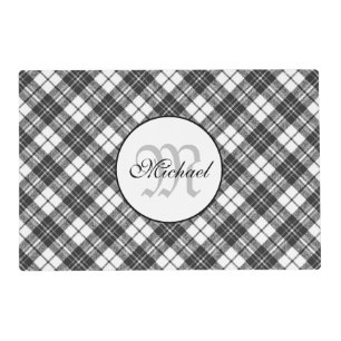 Tartan pattern Christmas black white Monogram Placemat