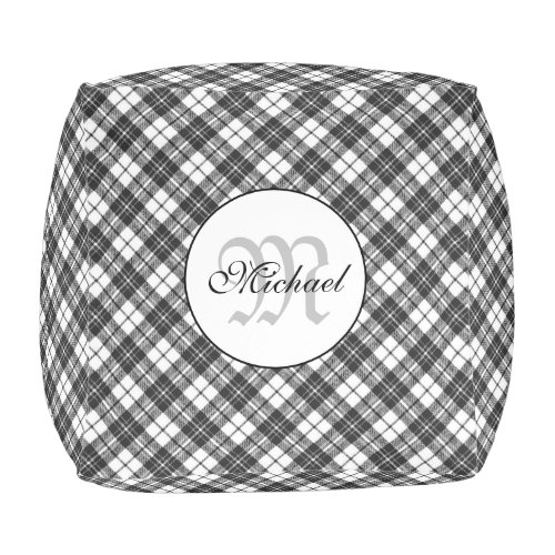 Tartan pattern Christmas black white Monogram Pouf