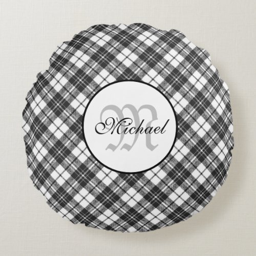 Tartan pattern Christmas black white Monogram Round Pillow