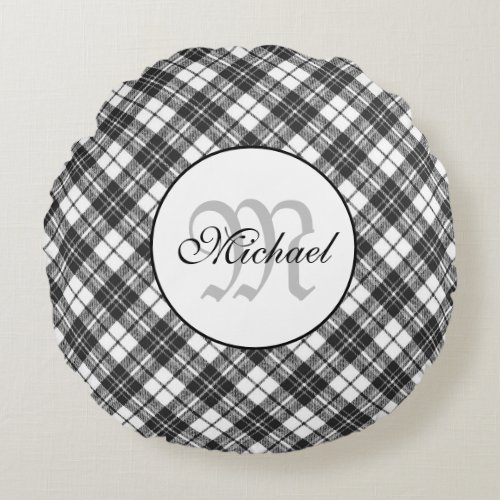 Tartan pattern Christmas black white Monogram Round Pillow