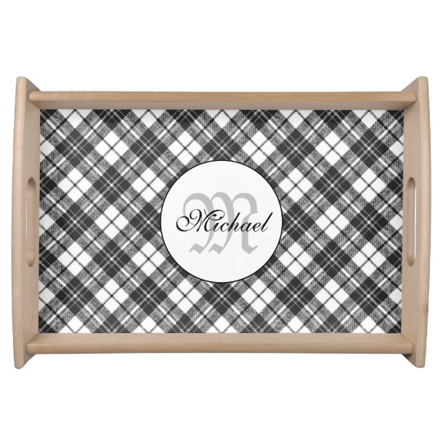 Tartan pattern Christmas black white Monogram Serving Tray (Front)