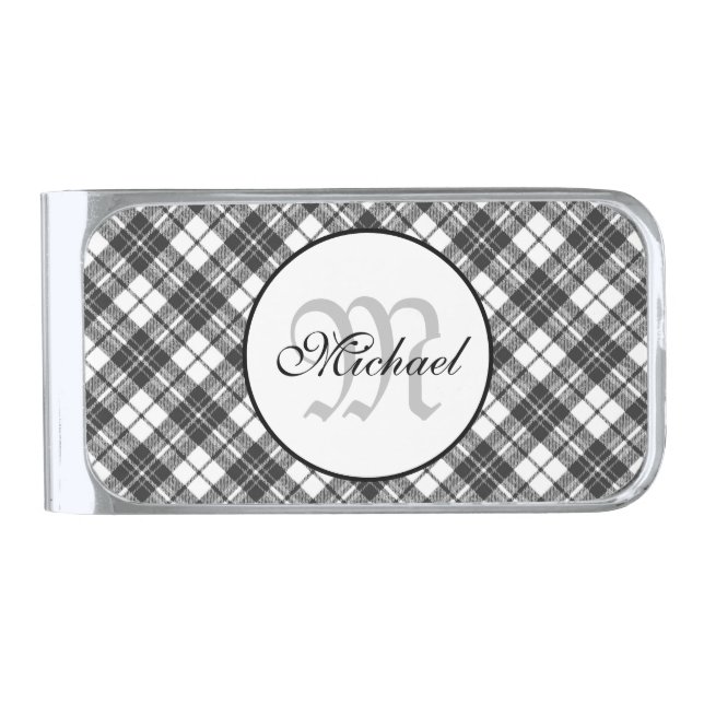 Tartan pattern Christmas black white Monogram Silver Finish Money Clip (Front)