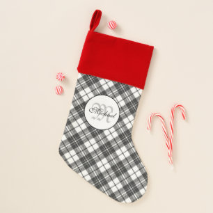Tartan pattern Christmas black white Monogram Stocking