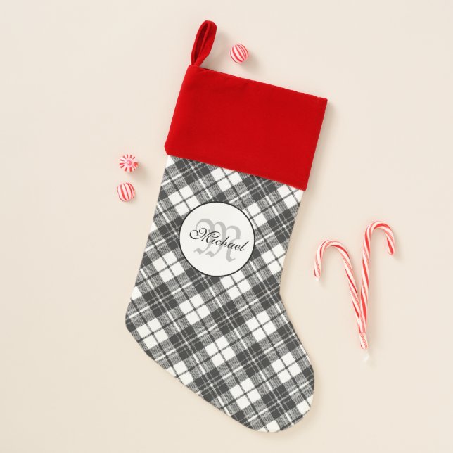Tartan pattern Christmas black white Monogram Stocking (Front)