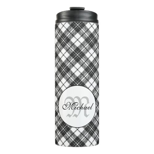 Tartan pattern Christmas black white Monogram Thermal Tumbler