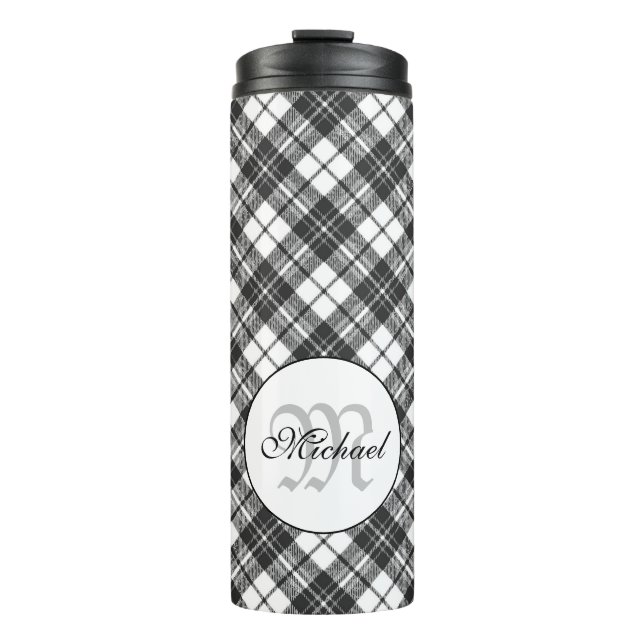 Tartan pattern Christmas black white Monogram Thermal Tumbler (Front)