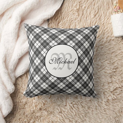 Tartan pattern Christmas black white Monogram Throw Pillow