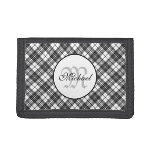 Tartan pattern Christmas black white Monogram Trifold Wallet