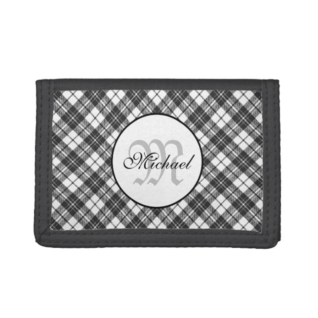 Tartan pattern Christmas black white Monogram Trifold Wallet (Front)