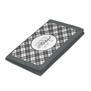 Tartan pattern Christmas black white Monogram Trifold Wallet
