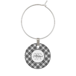 Tartan pattern Christmas black white Monogram Wine Charm