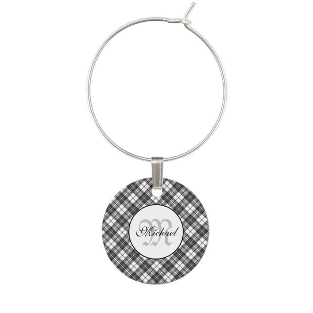 Tartan pattern Christmas black white Monogram Wine Charm (Front)