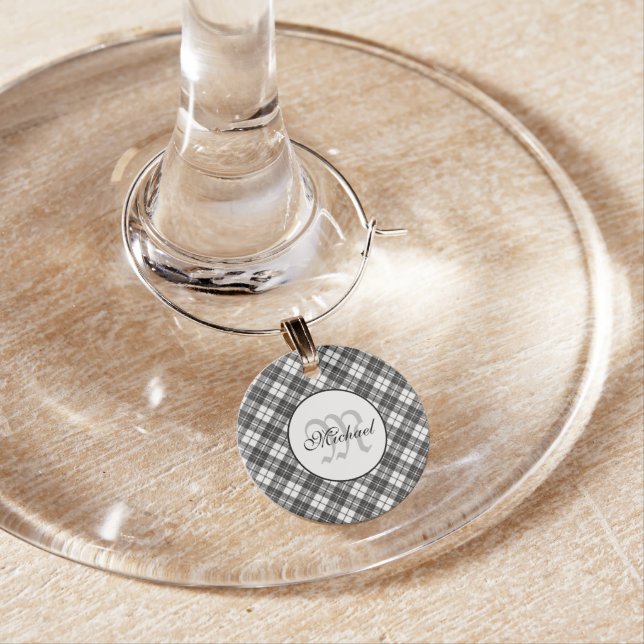 Tartan pattern Christmas black white Monogram Wine Charm (In Situ)