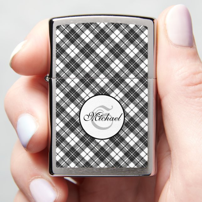 Tartan pattern Christmas black white Monogram Zippo Lighter (In Hand)