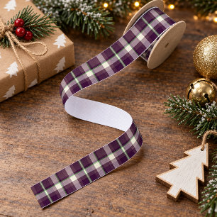 Tartan Pattern Eggplant and Green ID210 Grosgrain Ribbon