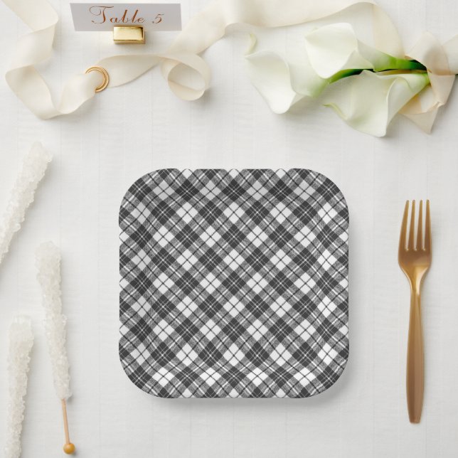 Tartan pattern holidays Christmas black white Paper Plates (Wedding)