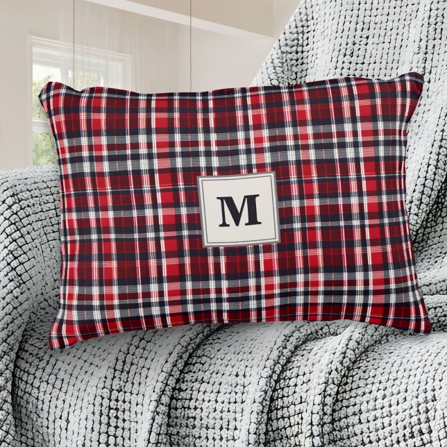Tartan Pattern Red Plaid Christmas Monogrammed Accent Pillow (A stylish monogrammed pillow, with tartan plaid pattern in red, gray and white)