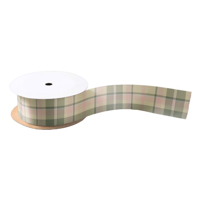 Tartan Pattern Soft Green and Pink ID210 Satin Ribbon (Spool)